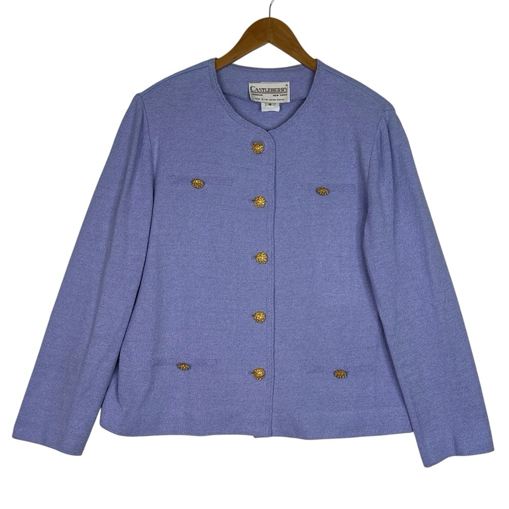 Castleberry London New York Lavender Knit Jacket Blazer Gold Buttons USA Size 16